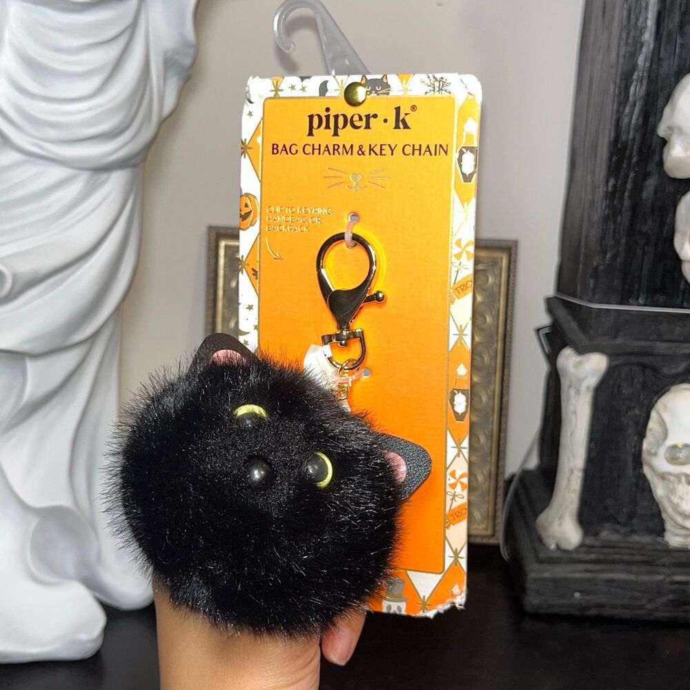 Piper K Halloween Fuzzy Black Cat Pom Pom Ball Bag Charm Keychain